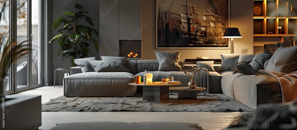 Poster Cozy living room with grey sofa and coffee tables, featuring blank space for adding an image. Copy space image. Place for adding text and design