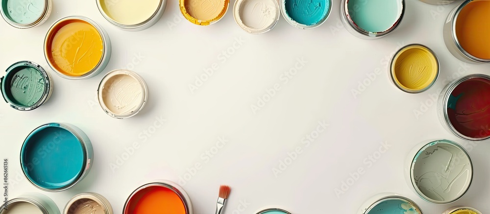 Aufkleber Overhead view of various paint cans and brush on a white backdrop with space for text or design, also known as a copy space image.