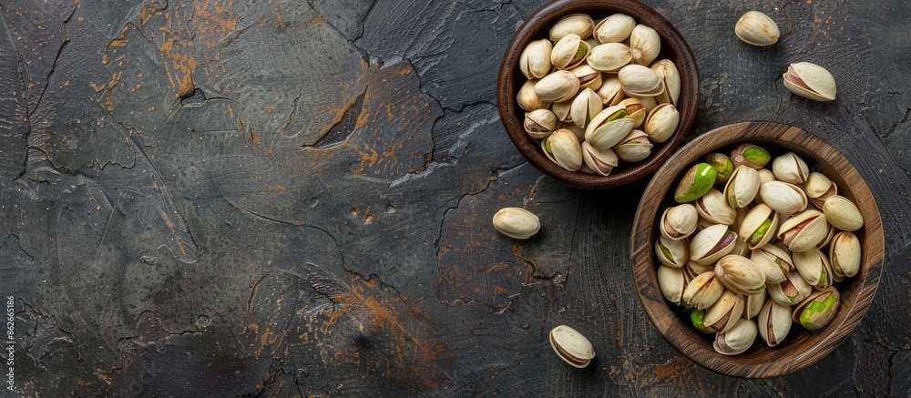 Poster Wooden bowl filled with peeled pistachios displayed in both raw and roasted forms, with a blank space in the image for text or designs. Copy space image. Place for adding text and design