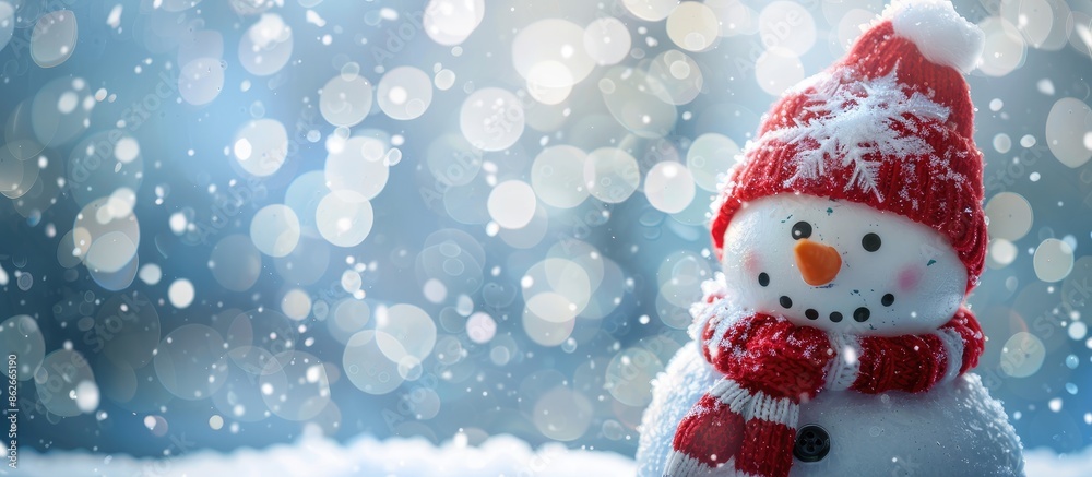 Poster a snowman toy with a red and white hat and scarf against a snowy background, providing ample copy sp