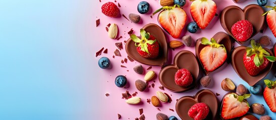 Heart-shaped chocolate sweets topped with fruits and nuts on a colorful backdrop, viewed from above, perfect for a holiday theme with room for text; copy space image.