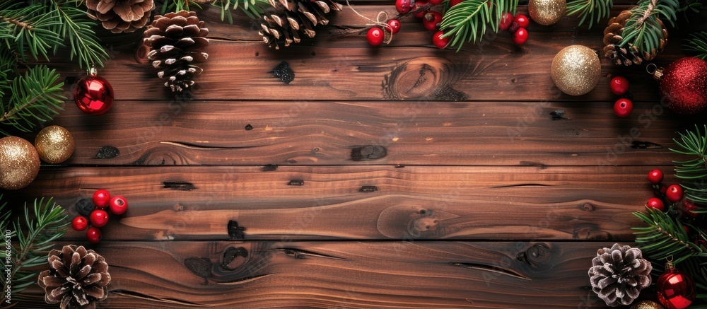 Poster Festive holiday decorations for Christmas and New Year displayed on a wooden table, seen from above with room for text or images. Copy space image. Place for adding text and design