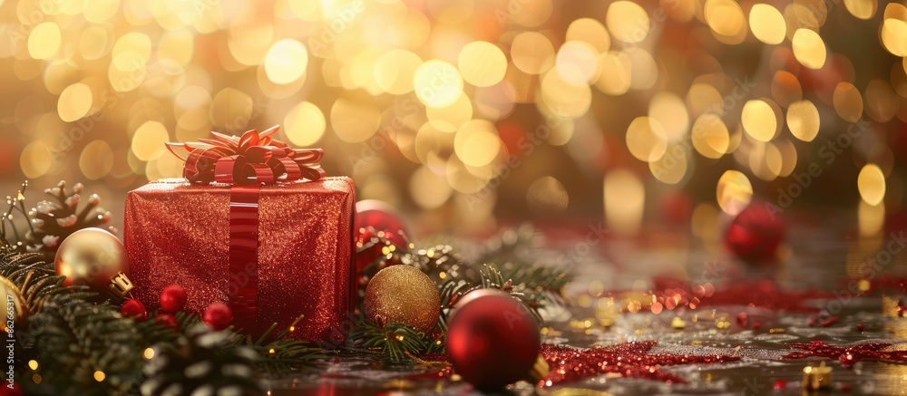 Aufkleber Festive red Christmas gift box on a golden bokeh background with decorations and baubles, providing space for an image. Copy space image. Place for adding text and design