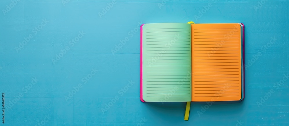 Poster Colorful blank notebook on a green-blue backdrop with room for copy space image.