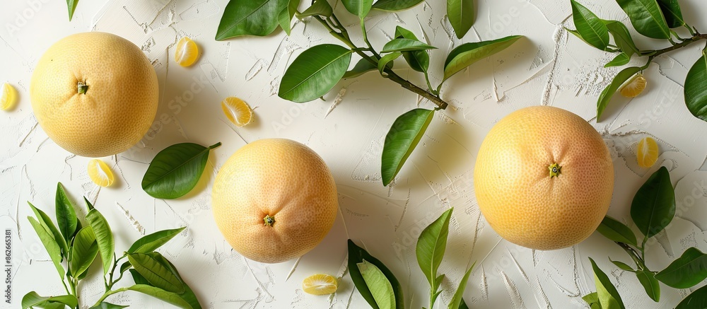 Poster a ripe pomelo fruit with fresh green twigs, placed on a white backdrop with copy space image.