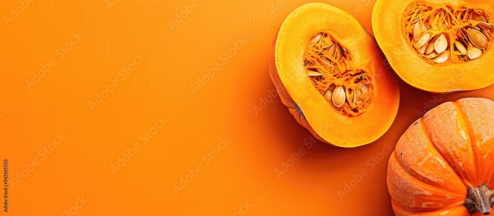 Aufkleber Fresh ripe pumpkin cut on a bright background with space for text alongside a picture. Copy space image. Place for adding text and design