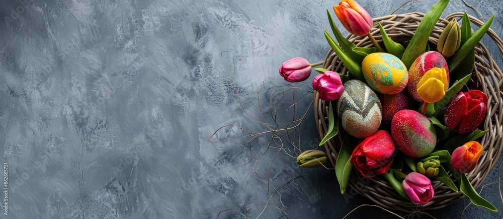 Aufkleber Colorful Easter eggs and tulips in a basket on a gray background seen from above, with space for text or images. Copy space image. Place for adding text and design