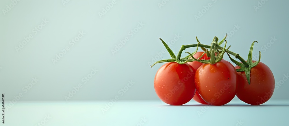 Poster Cherry tomatoes are appetizing against a blank space in the image. Copy space image. Place for adding text and design