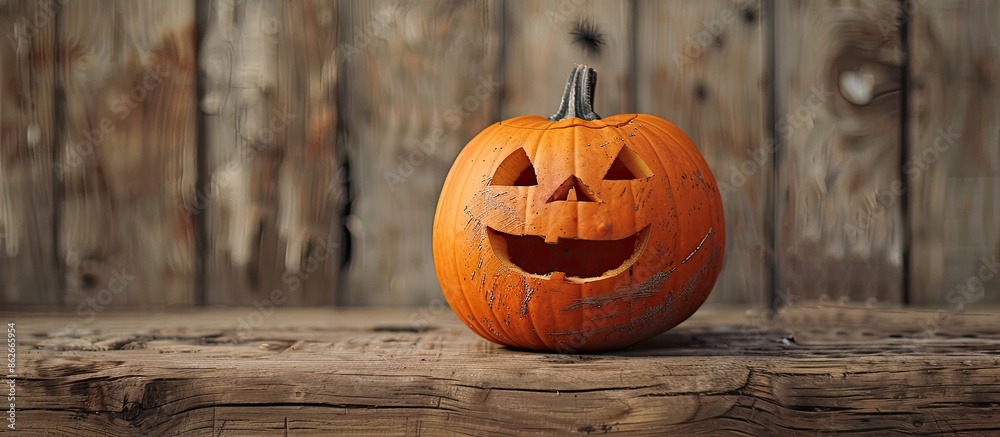 Poster An orange pumpkin with a cheerful expression carved on it against a wooden backdrop, suitable for use as a copy space image.