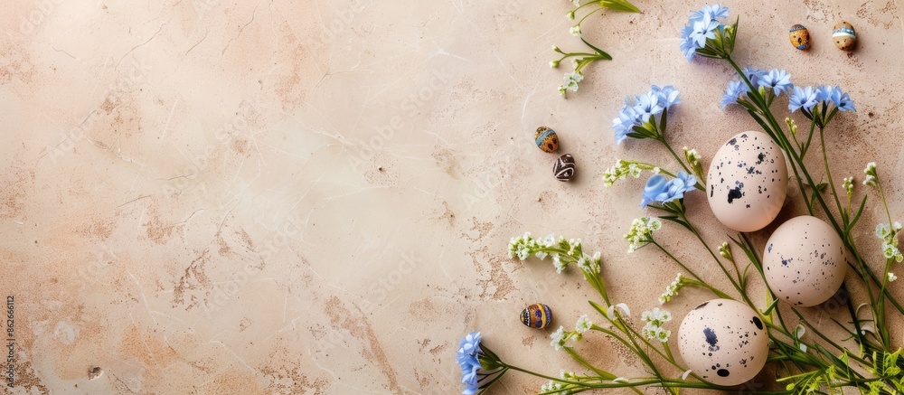 Aufkleber view from above of a simple natural easter greeting card concept adorned with eggs and spring flower