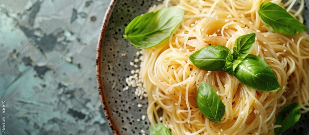 Poster top view of a plate of noodles with copy space image.