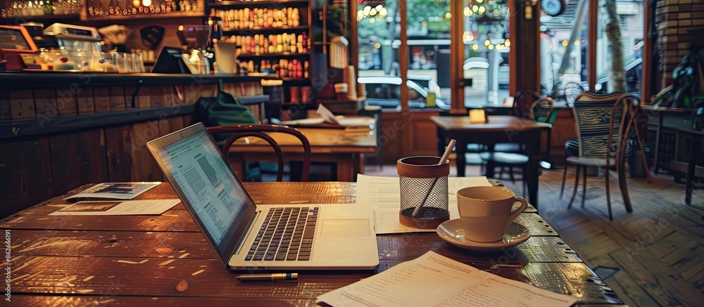 Leinwandbilder wooden table in a coffee shop featuring a laptop with documents, notepad, and a cup of coffee; space