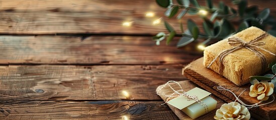 Wooden table with spa supplies and gift card, ideal for a copyspace image.