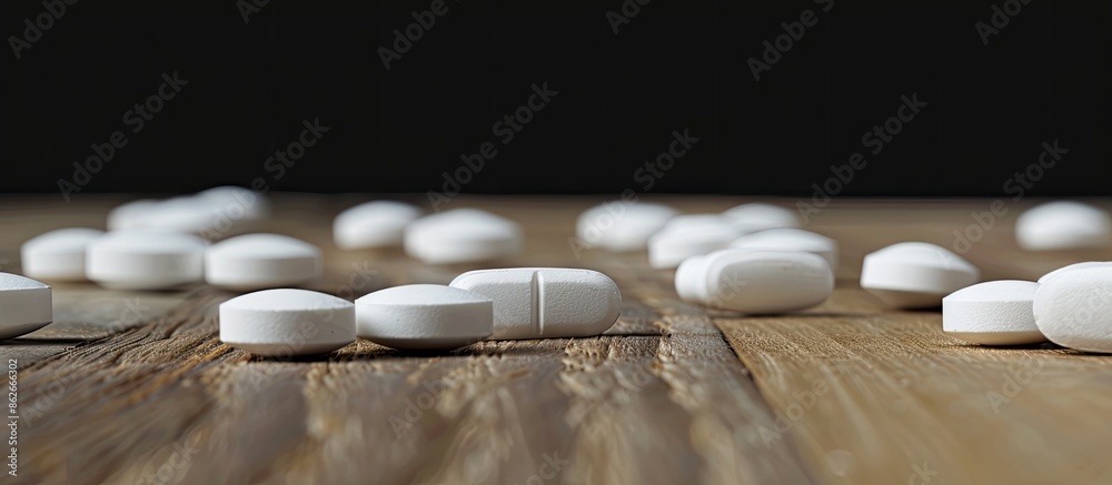 Poster white medical tablets displayed on a wooden table with a black background, suitable for copy space i