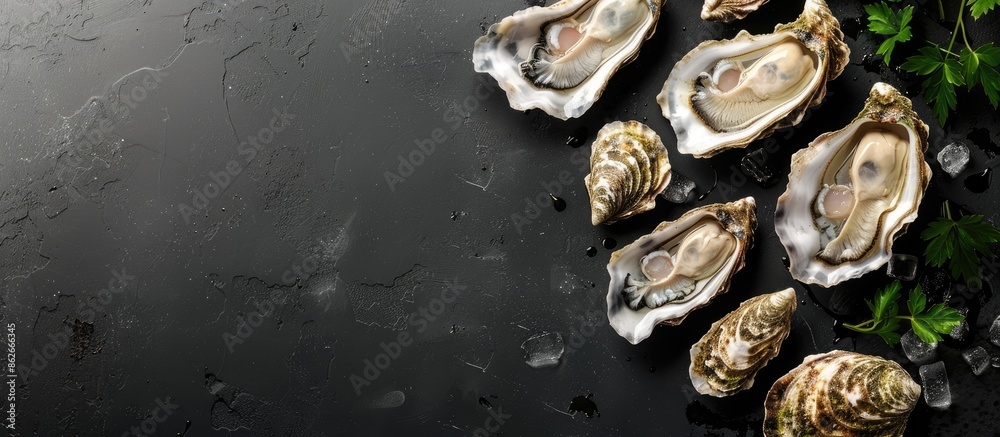 Poster Top view of fresh oysters on a black background with free copy space image.
