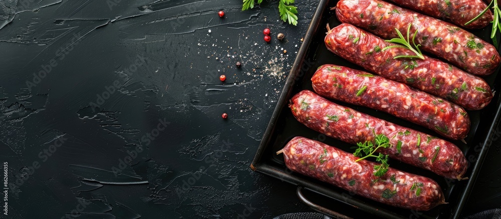 Poster top-down view of uncooked lamb and beef meat sausages on a kitchen tray with herbs, set against a bl