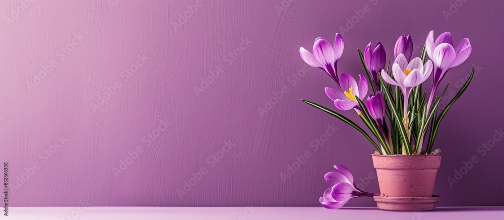 Poster A flower pot displaying crocuses is set against a purple backdrop with copy space image.
