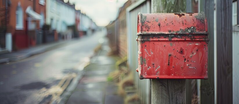 A blurred image of a red postbox on a wooden pole is placed for receiving mail conveniently at the front of a house with ample copy space.