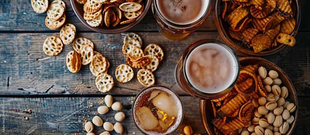 Poster top-down view of lager beer with snacks on a rustic wooden table, providing ample copy space in the 