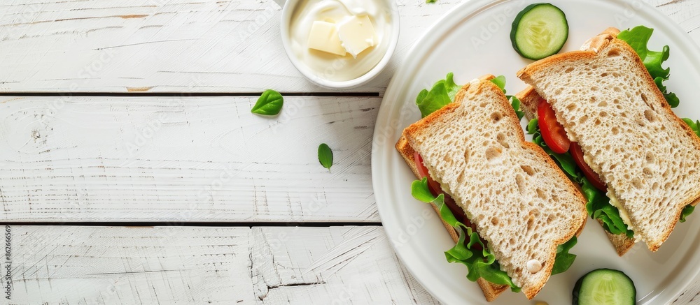 Fototapete Flat lay view of delicious sandwiches with butter and cucumber on a white wooden table, perfect for adding text in the copy space image.