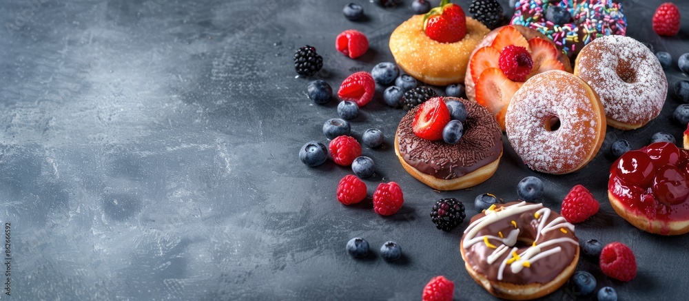 Sticker display of delectable fruit and chocolate donuts, with copy space image.