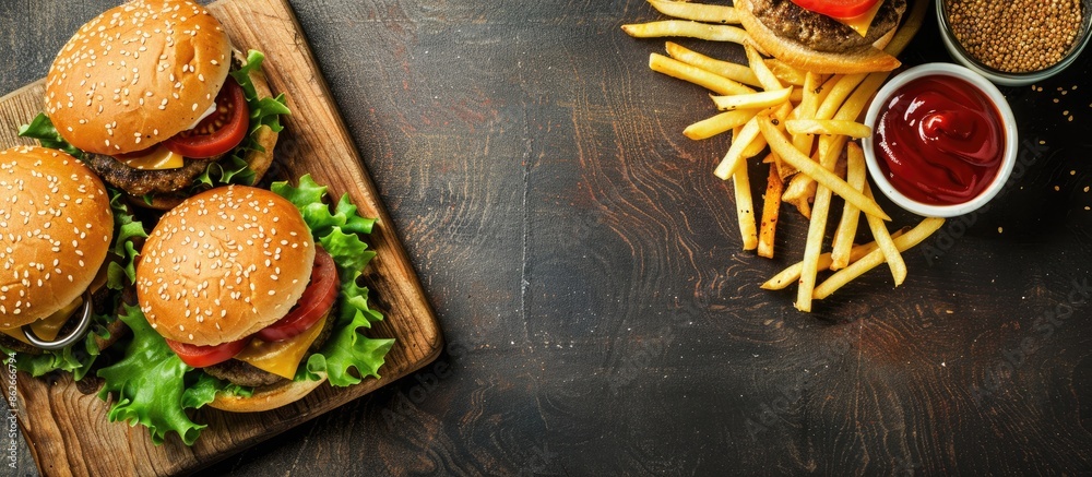 Poster a convenient and easy-to-make homemade meal featuring burgers and fries displayed on a rustic wooden