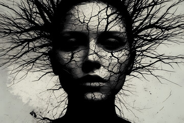 haunting vector illustration depicting a stylized, cracked face of a woman against a dark background with dead branches. The abstract design conveys themes of mental health and neurological disorders
