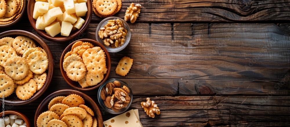 Poster a wooden background with a variety of delicious crackers, cheese, and snacks displayed, providing an