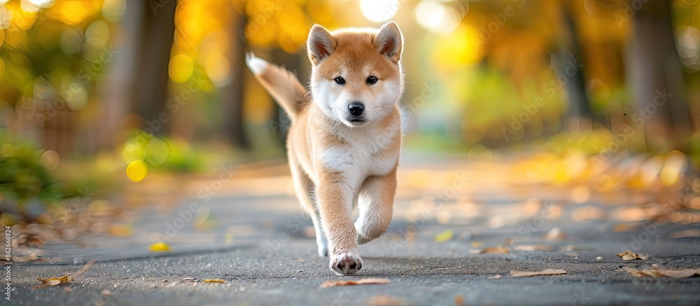 Poster japanese akita inu puppy with a red coat strolls outdoors in a park setting with a background featur