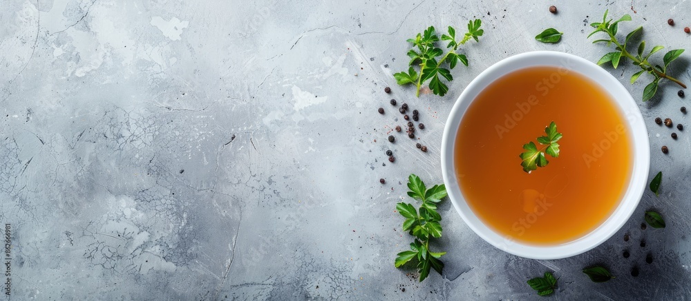Poster a healthy food concept featuring a bowl of broth on a gray background captured from a top view with 
