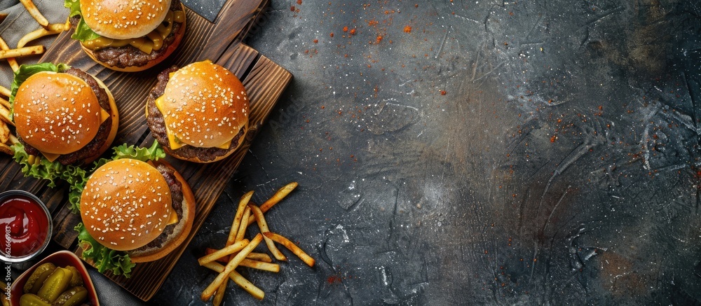 Poster Top view of burgers, fries, and pickles on a cutting board with a space for adding text or images. Copy space image. Place for adding text and design
