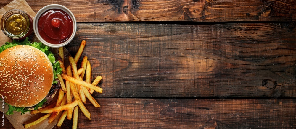 Poster a homemade burger and fries on a wooden table with a top view, featuring a copy space image.