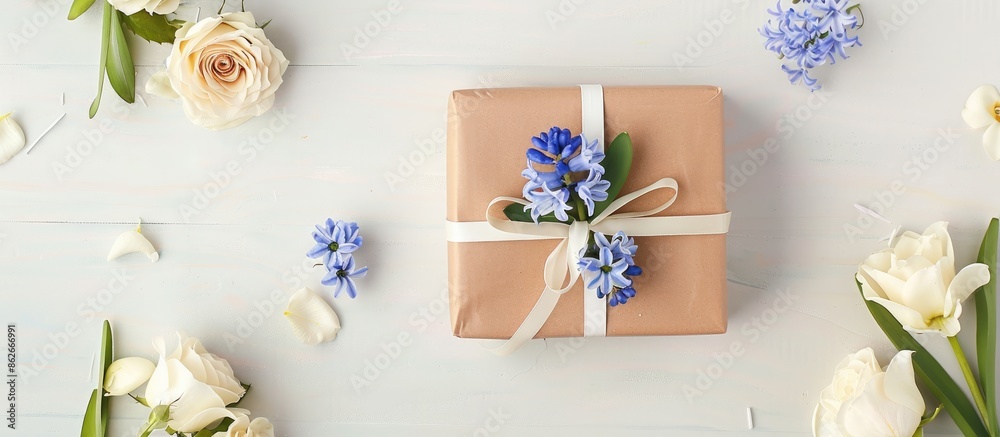 Aufkleber craft paper-wrapped gift box with blue hyacinth flowers and white roses on a white table in a flat l