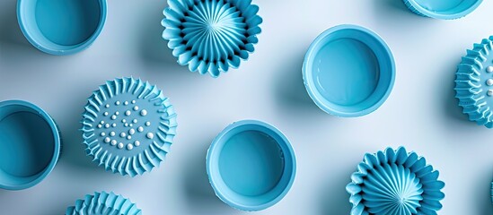Silicone cupcake mold in blue against a white backdrop with copy space image.