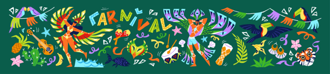 Horizontal banner with design elements of Brazil carnival. Celebration of Latin festival, Brasil party. Brazilians, people dance to music. Tropical leaves, exotic toucans. Flat vector illustration © Paper Trident