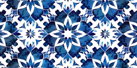 Blue and white Seamless pattern with Geometric flowers, floral, stain glass style, mosaic , wallpaper, background, HD, banner