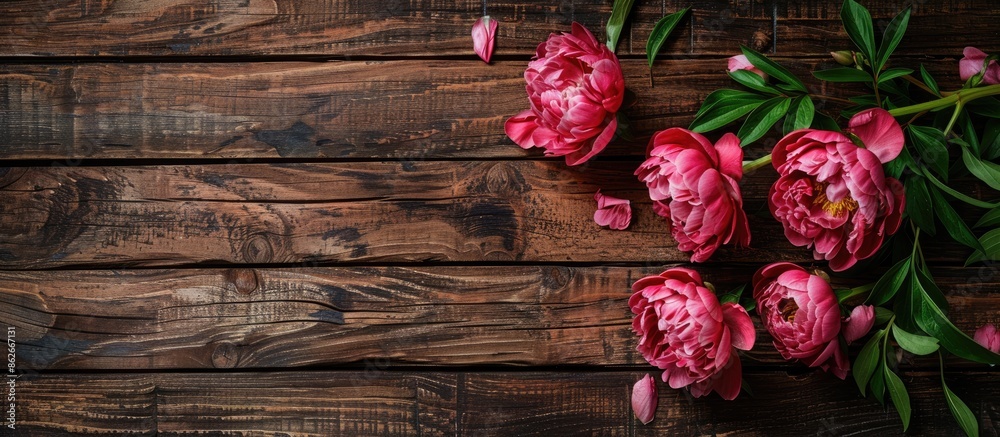 Aufkleber wooden background with peonies for social media. texture highlighted in the copy space image.