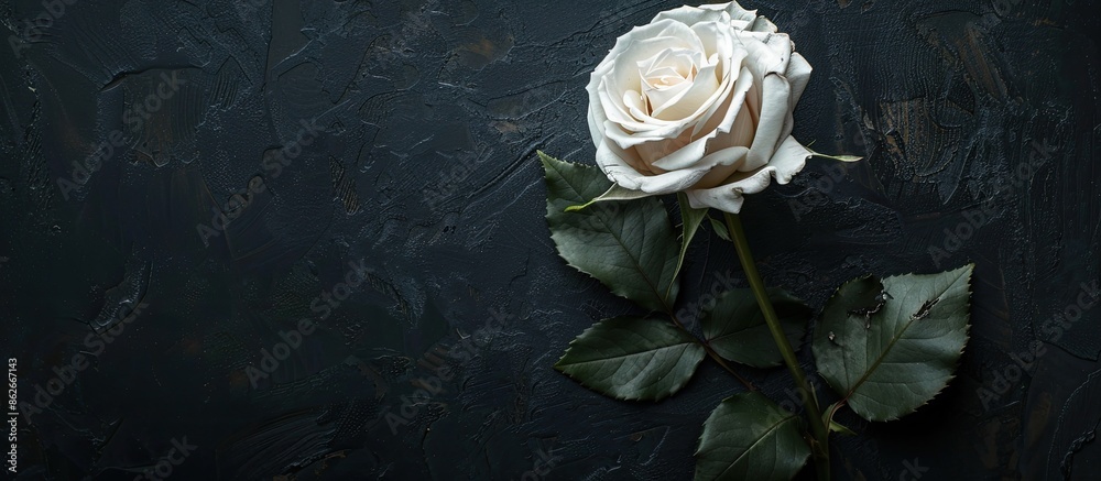 Poster Bright macro image featuring a single white rose isolated on black background with detailed texture in vintage style, perfect for copy space image.