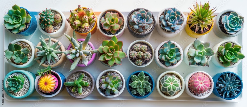 Poster arranged home garden collection of cactus and succulent plants in paper cups on a tray with a flat l