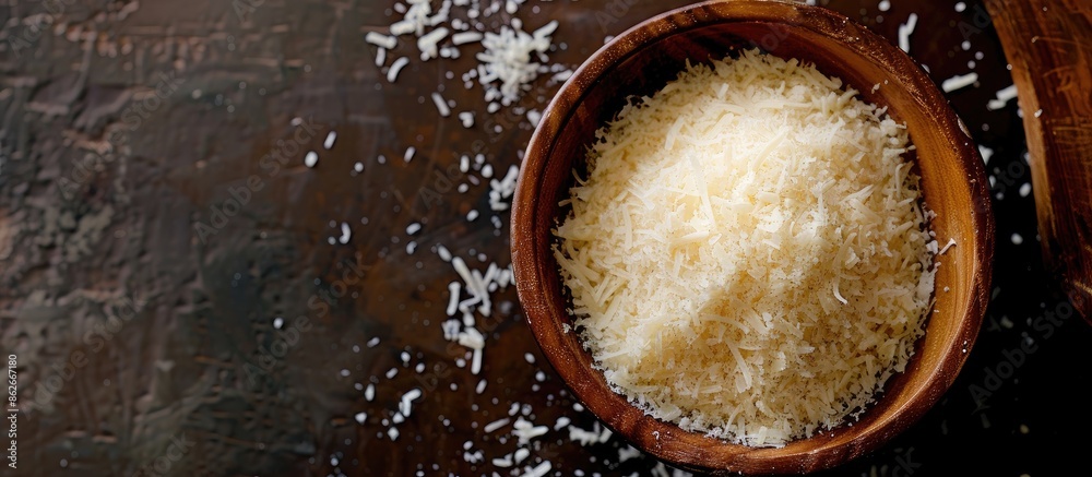 Poster top-down shot of grated parmesan in a bowl with a copy space image available.