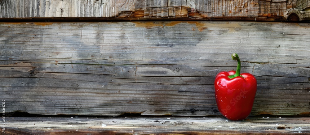 Poster rustic wooden backdrop with a vibrant red paprika, showcasing a copy space image.