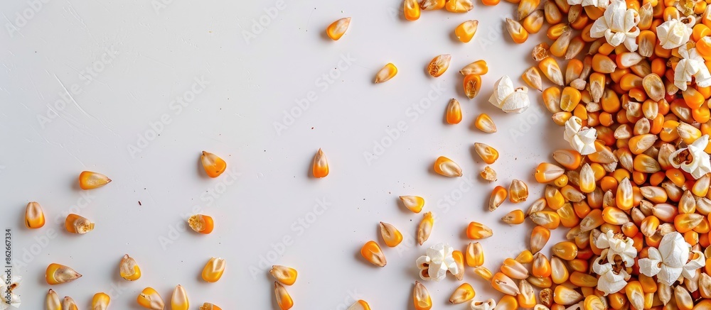 Aufkleber top-down view of dried corn kernels on a white background, perfect for popcorn, with ample copy spac