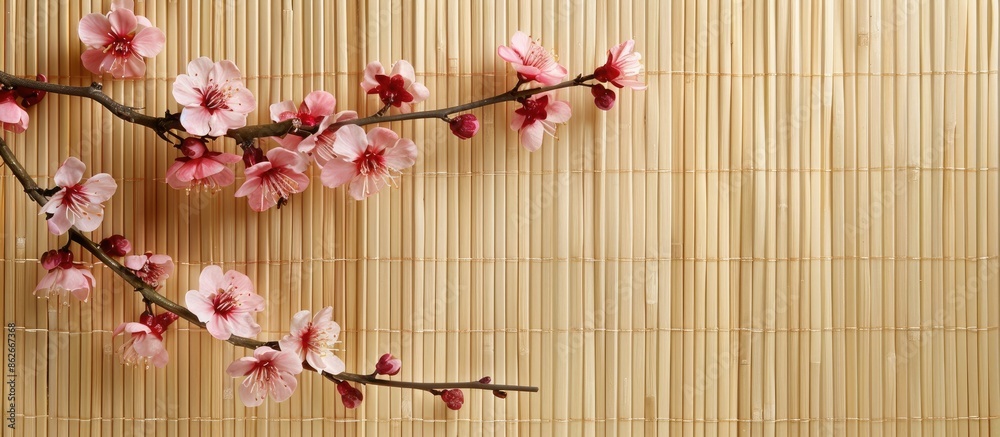 Poster Copy space image of a cherry blossom branch above a bamboo mat.