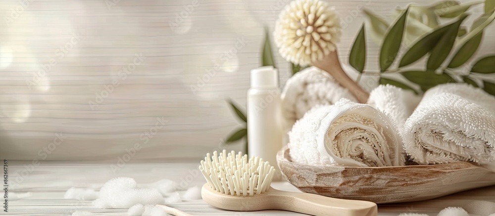 Poster Baby bathing accessories displayed in a close-up copy space image with selective focus on natural elements.
