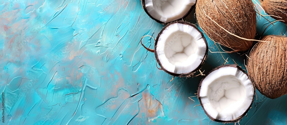 Poster Fresh coconut halves arranged on a blue table with a designated space for your design - copy space image.