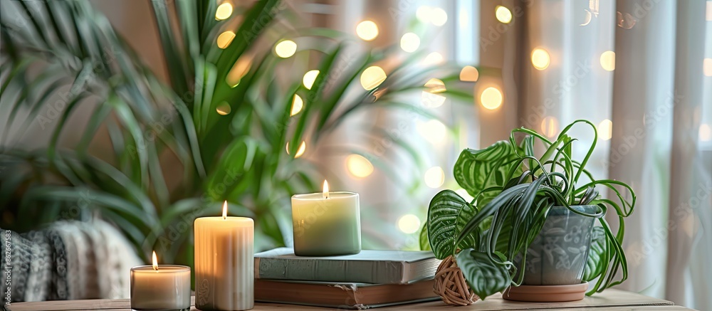 Poster table adorned with green houseplants, aromatic candles, and books on it with a light background for 