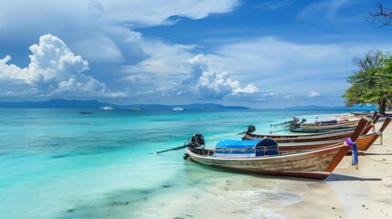 Naklejka premium Long-tail boats moored in a row on a sandy beach island in Thailand.
