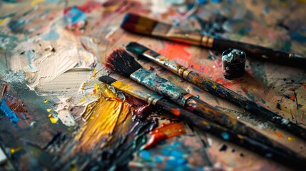 Naklejka premium Colorful Paintbrushes and Palette on Artist's Table