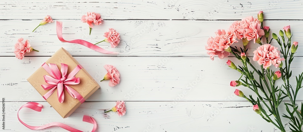 Aufkleber Top view image of carnations and a gift box on a white wooden background with a copy space for Mother's Day greetings.