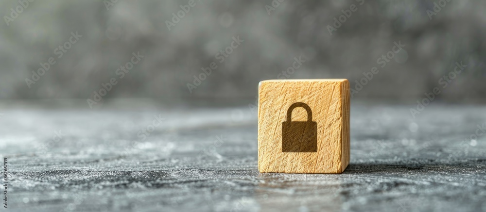 Poster Privacy policy symbol displayed on a wooden block on a beautiful grey table background, representing business and privacy policy concept with copy space image.